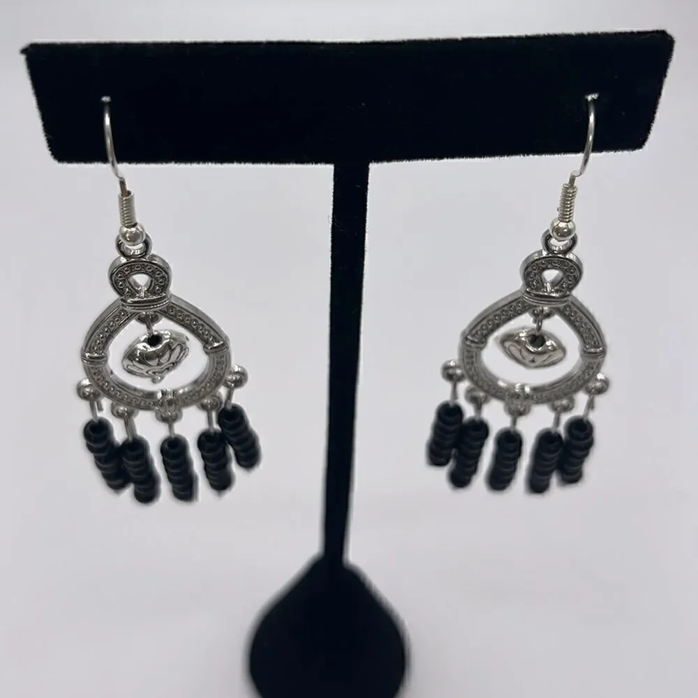 Silver-tone Homemade Dangling Chandelier Earrings with Black Beads
